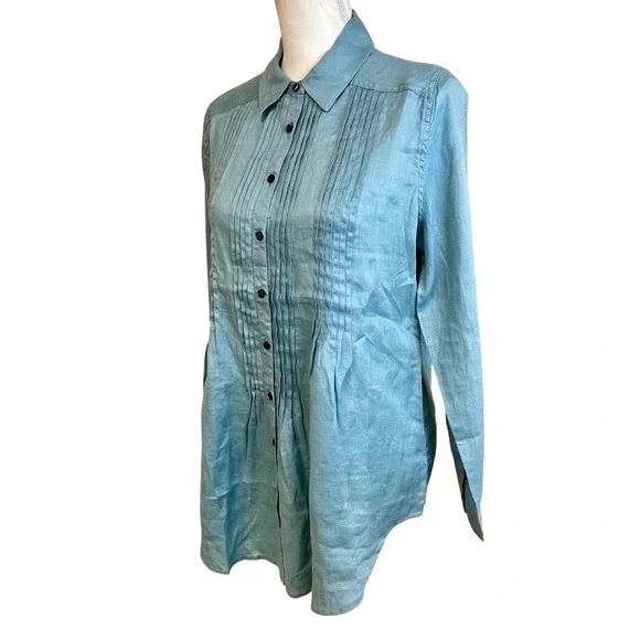 SUNDANCE Blue Katina Linen Pintuck Tunic Shirt Sz M Pleated Boho Travel‎ Relaxed - Picture 8 of 14